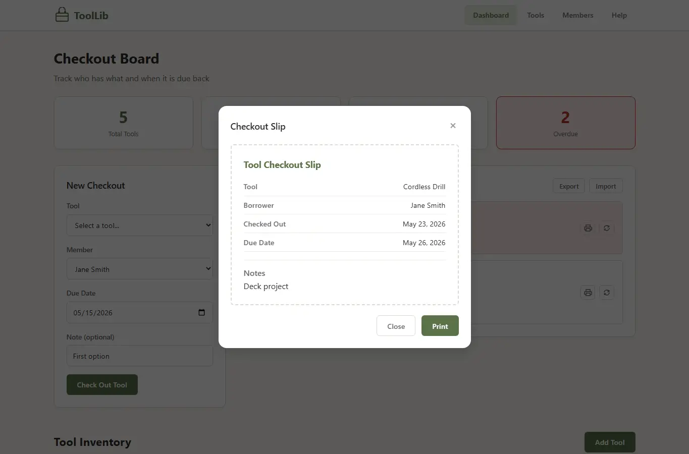 Screenshot of ToolLib: Community Tool Library Checkout Board interface showing the project page in use